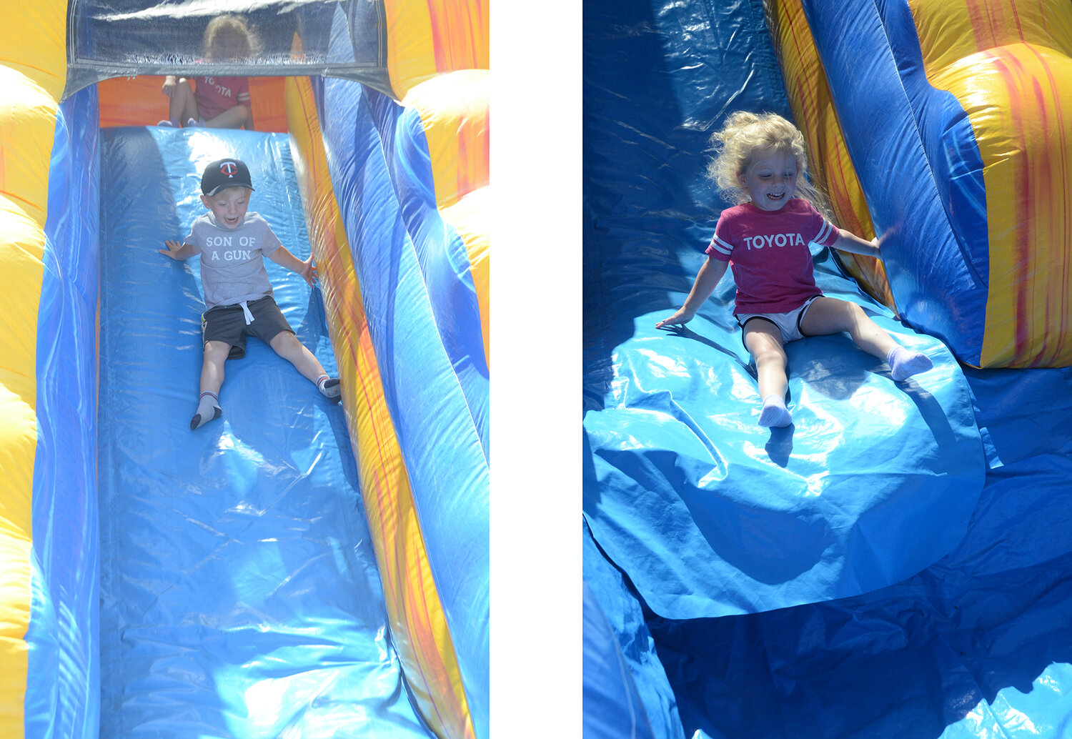 LEFT: Wyatt Minnich cruises down the inflated slide. | Hollois Minnich lands at the base of the inflated slide..