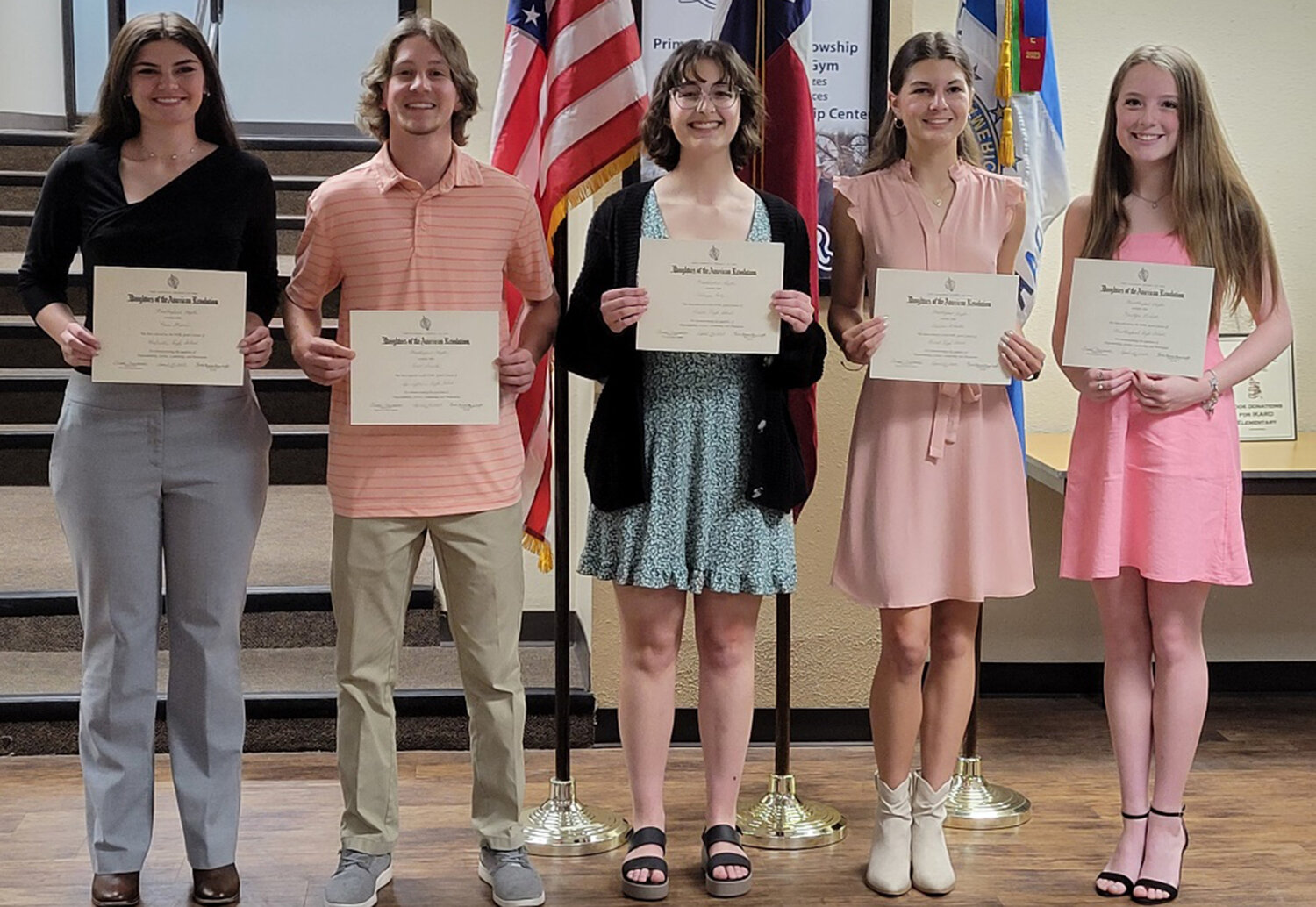 Weatherford DAR Good Citizen Award winners shown are (from left) Roree Willis, Todd Smith, Addisyn Retz, Addison Roberts, and Kaitlyn Pickett. Not shown are Payne Wellman and Conner Kirchhefer.