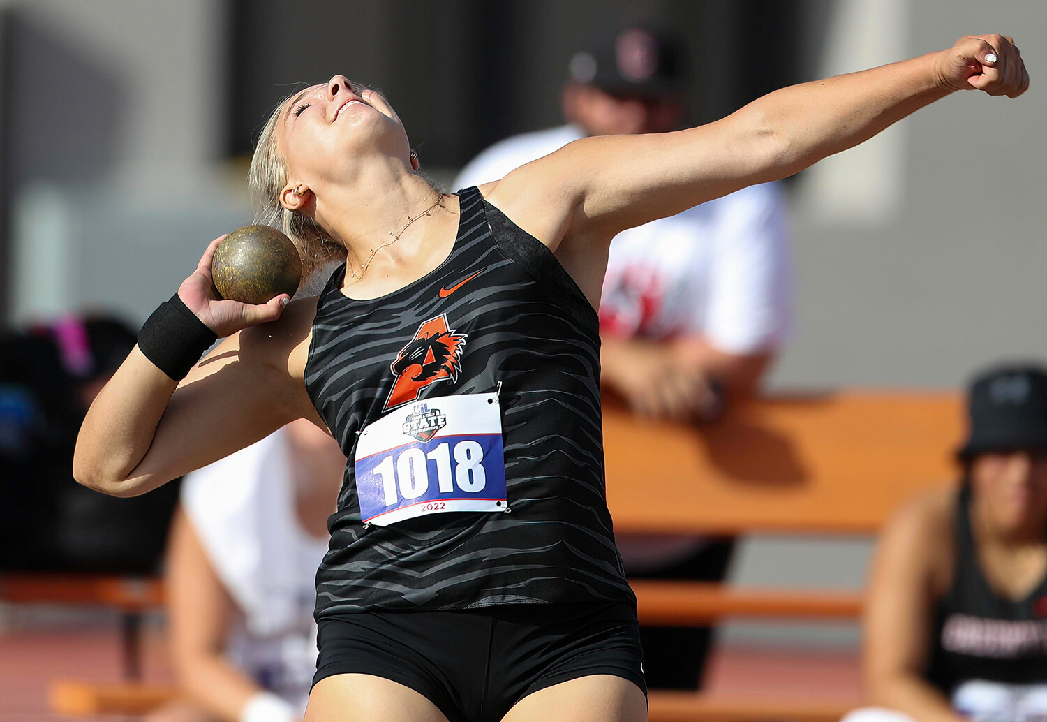 Lauren St. Peters of Aledo High School competes in the Class 5A girls shot put event at the UIL State Track and Field Meet on May 13, 2022 in Austin, Texas.