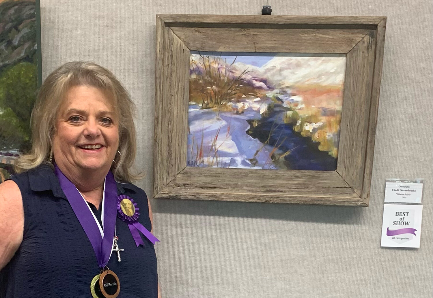 Cindi Neverdouski of Willow Park took home top honors from the Woman's Club of Fort Worth 59th annual Art Show with her oil-on-canvas rendition of  “Winter Melt.” The painting won Best of Show and is now on display at The Woman's Club on Pennsylvania Avenue.