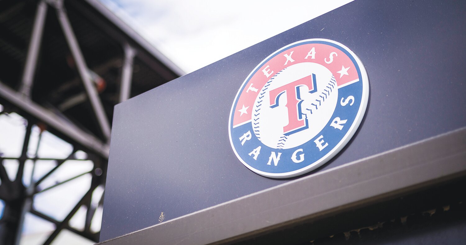 Arlington, TX - March 30, 2022: MLB Baseball Texas Rangers' logo at Globe Life Field