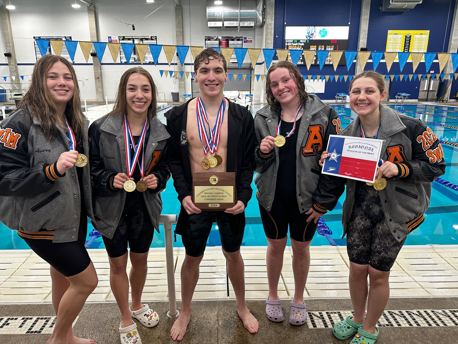 (From left) Avery Faulkner, Victoria Crews, Porter Lane, Julia Gordy and Haley Roberson will be competing for Aledo at this weekend's UIL Class 5A Swimming and Diving Meet in Austin .