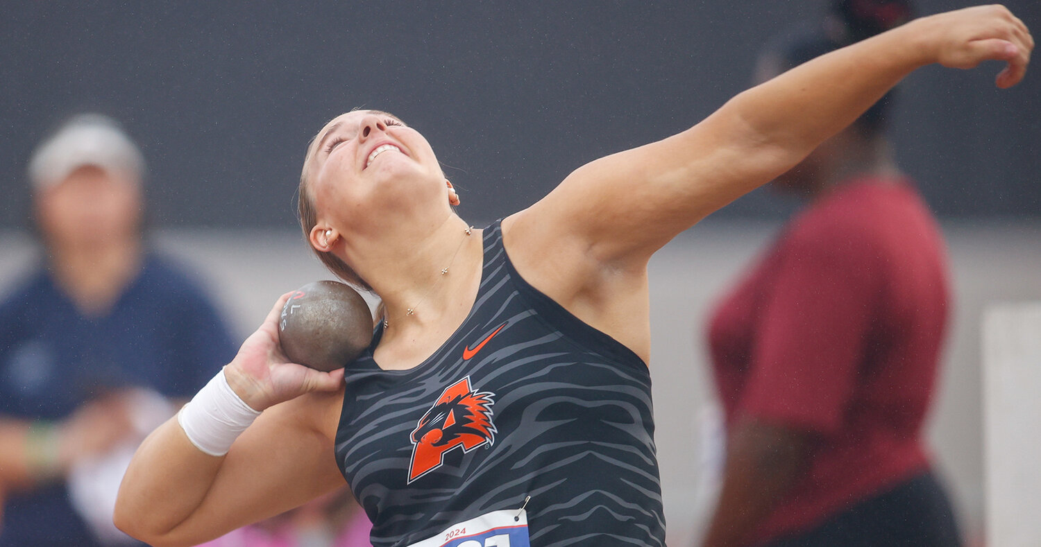 Lauren St. Peters of Aledo (1007) competes in the Class 5A girls shot put event at the UIL State Track and Field Meet on Friday, May 3, 2024 in Austin.