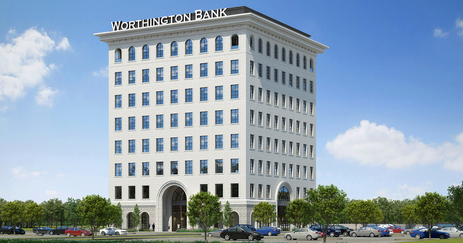 This rendering shows the plan for the eight-story Worthington Bank to be situated in the Walsh development.