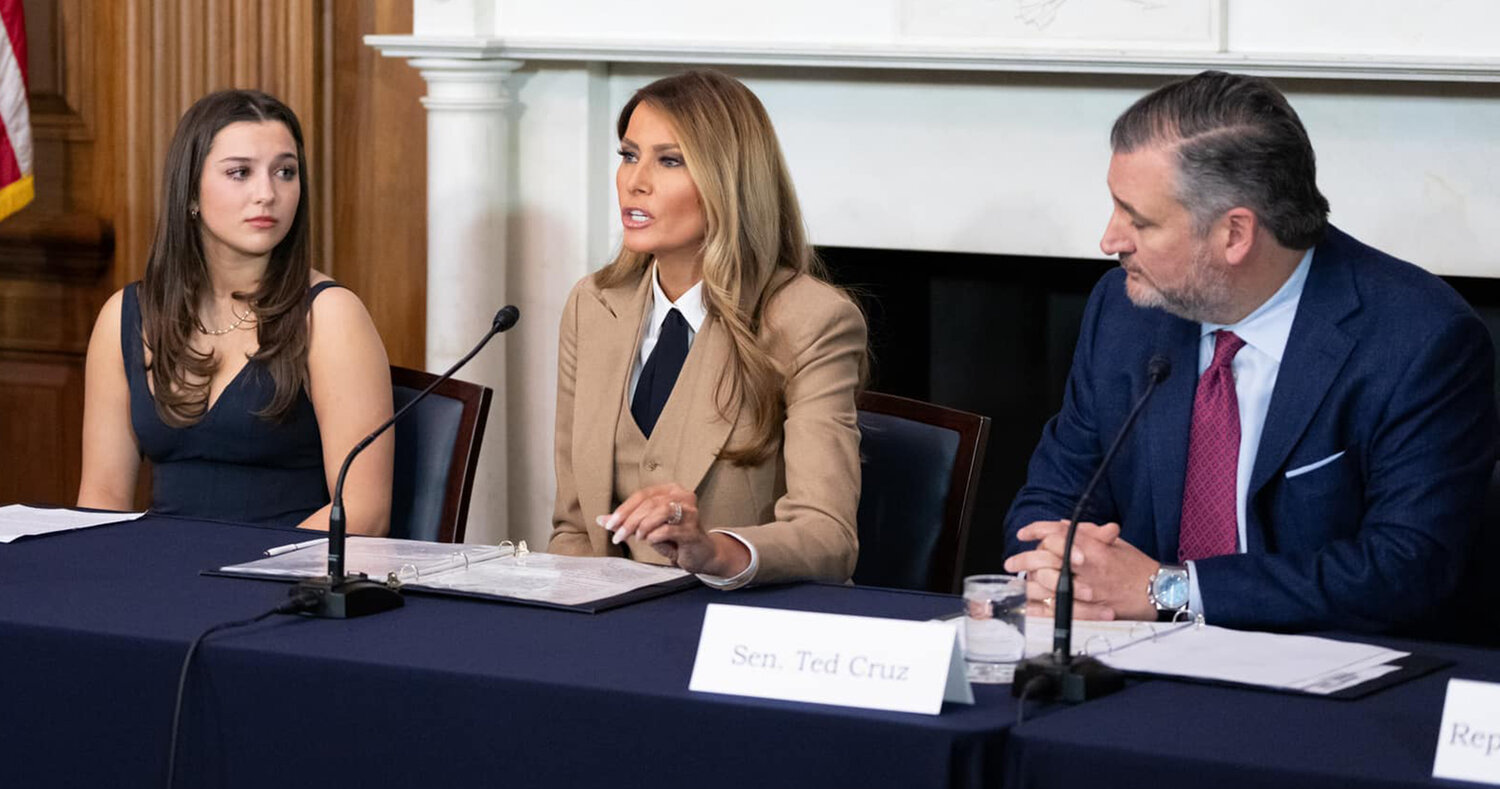 Elliston Berry is seated to the left of First Lady Melania Trump and Texas Senator Ted Cruz at the First Lady’s Round Table concerning Take It Down.
