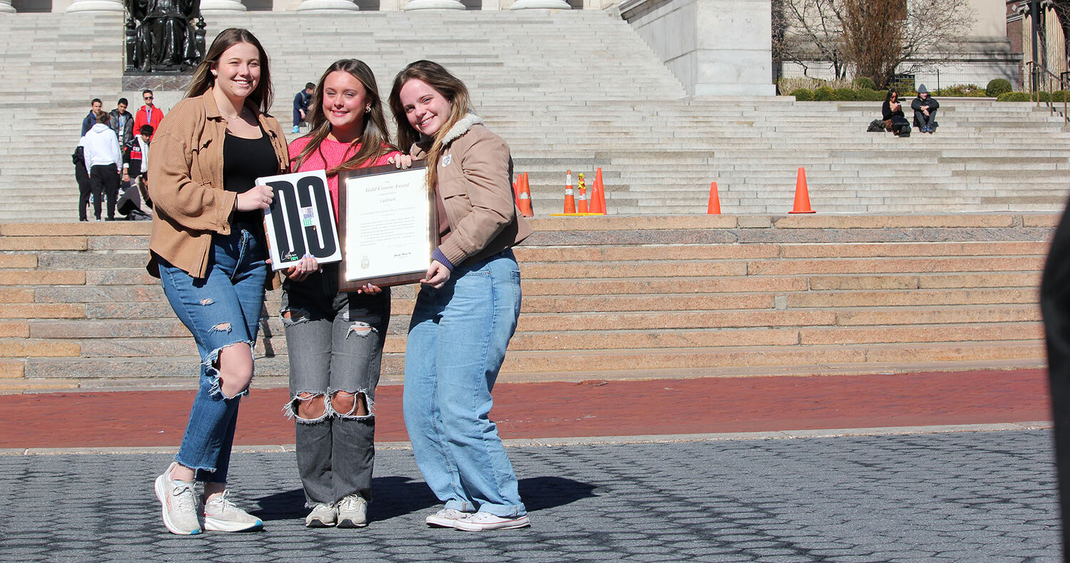 Editors-in-chief of this year’s Aledo High School yearbook display the Golden Crown award they received at the Columbia Scholastic Press Association convention in New York. Shown are (from left) Avery Faulkner, Corah Satterfield, and Ella Flowers.