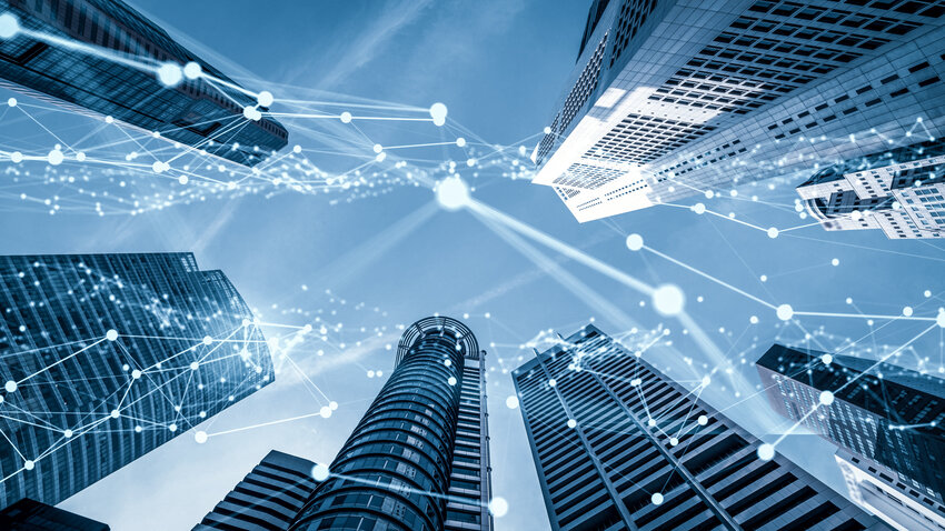 Imaginative visual of smart digital city with globalization abstract graphic showing connection network . Concept of future 5G smart wireless digital city and social media networking systems .