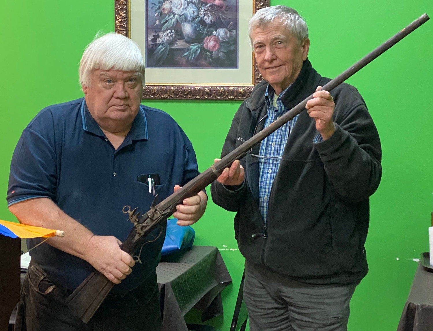 WILDER SMITH, JR.  PRESENTING THE REPAIRED ORIGINAL FLINTLOCK TO PRESIDENT GEORGE KING FOR THE FOUR RIVERS PATRIOT CHAPTER
