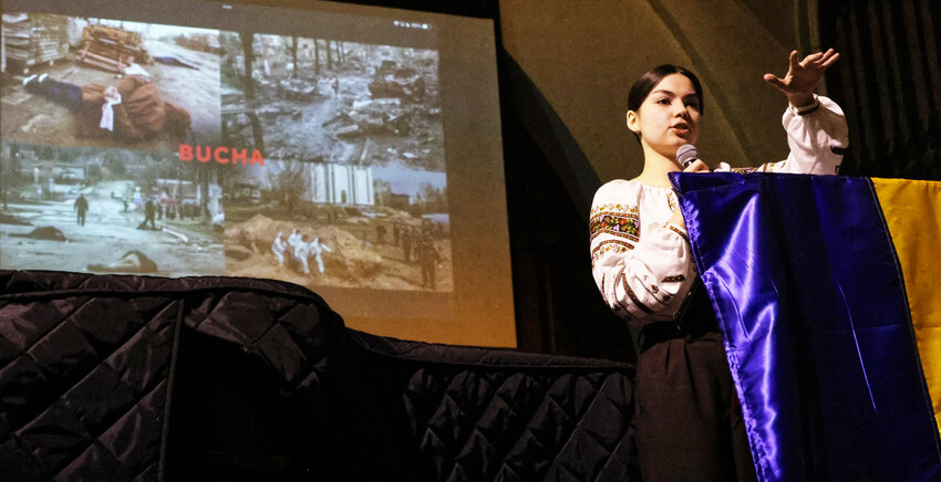 Ukrainian law student Khrystyna Borshchuk passionately delivers a presentation on her experience growing up amid the Russian invasion of her country.