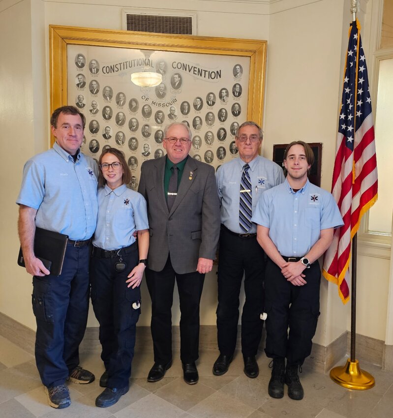 Howard County EMS with Rep. Tim Taylor, left to right: Frank R. Flaspohler (EMT), Katie Flaspohler (EMT), Rep. Tim Taylor, Frank W. Flaspohler (Director/Paramedic), and Xavier Barton (EMT).