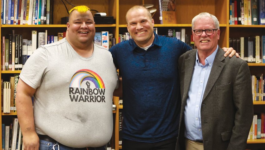 The three candidates for two open seats on the Fayette Board of Education share a fun moment following a largely civil and crowded public forum last week. Left to right: Ray Snyder, Aaron Cunningham, and Skip Vandelicht.