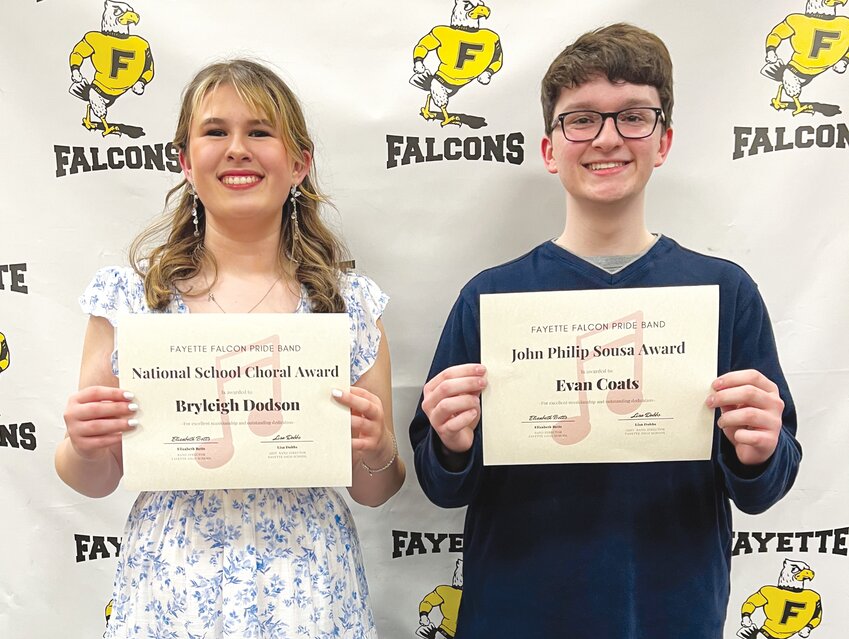 Senior Fayette High School music students were honored at an awards banquet on Sunday night. Senior choir member Bryleigh Dodson, daughter of Daniel and Jessica Dodson, won the National School Choral Award. Senior band member, Evan Coats, son of Brian and Angela Coats, was honored with the John Philip Sousa Award. Both plan to peruse their music interests next year in college. Dodson plans to sing in the choir while becoming a Child Life Specialist at Missouri State University. Coats plans to study music at Central Methodist University in the fall.