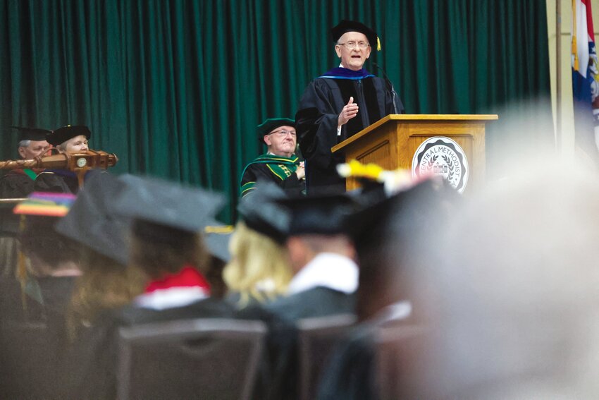 Third-generation Central Methodist graduate Laurence R. Tucker delivers the annual commencement address to this year’s graduating class.