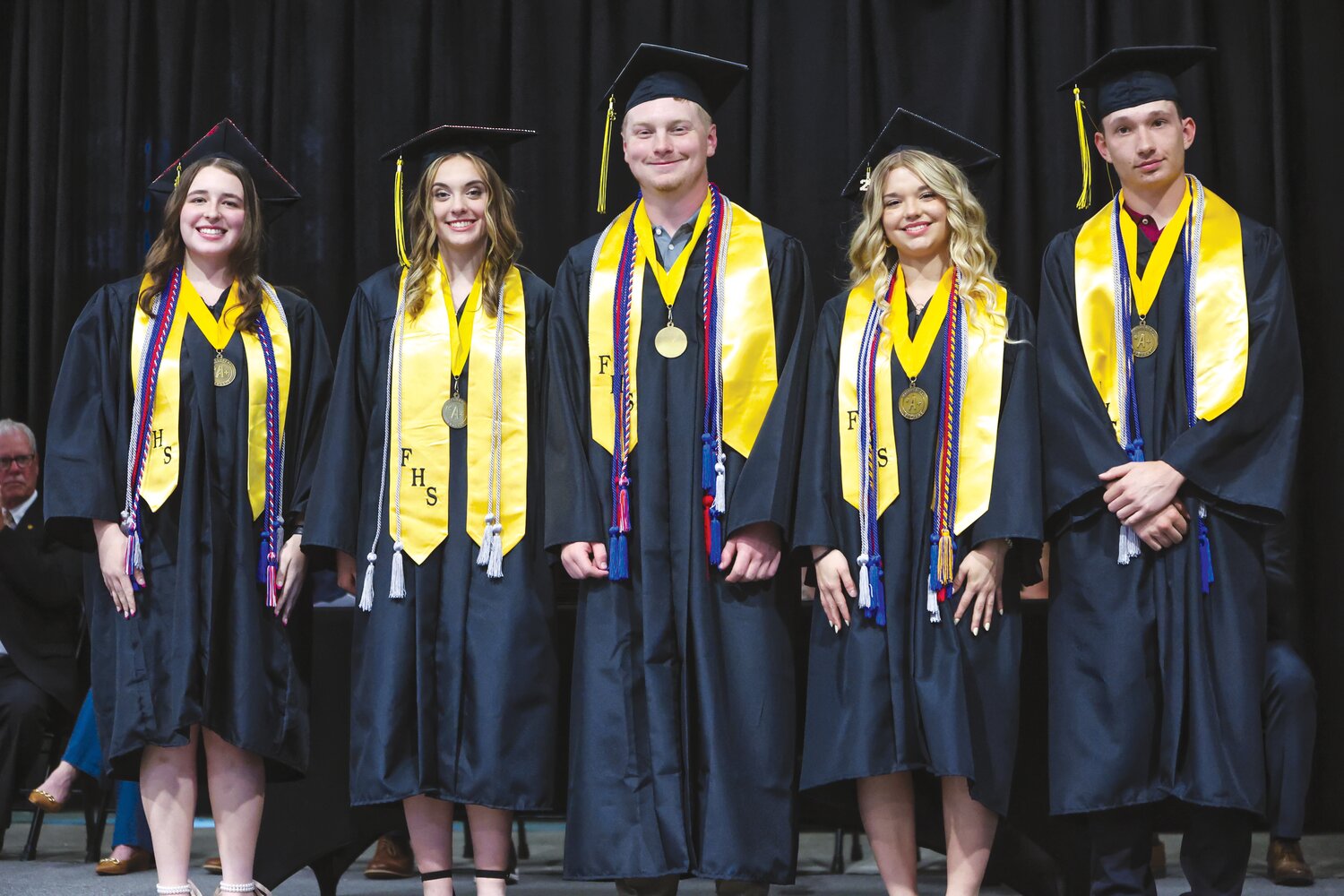 Graduating at the top of their class are five Fayette High School seniors who earned Magna Cum Laude honors. Left to right: Skylar Sunderland, Kate Hutchinson, Kaleb Friebe, Rylee Finley, and Thomas Elliott.