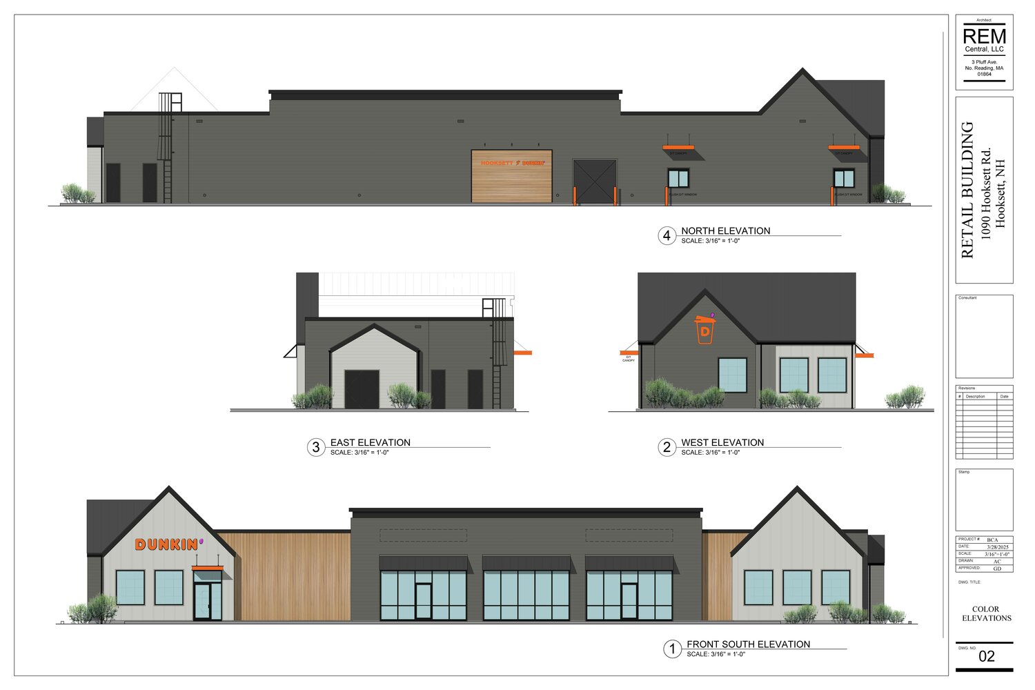 Exterior Elevations: The new building at 1090 Hooksett Road reflects classic New England architecture, with a color scheme of light and dark gray and light wood tones.