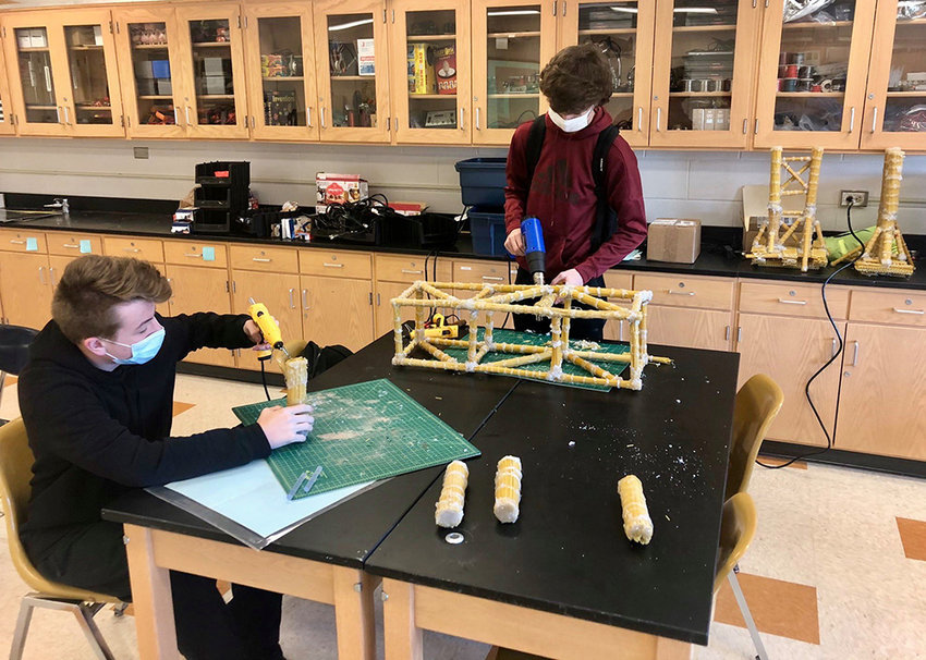 Spaghetti suspension bridges that were designed by Marlboro High School Engineering &amp; Robotics students are almost ready to be assembled.