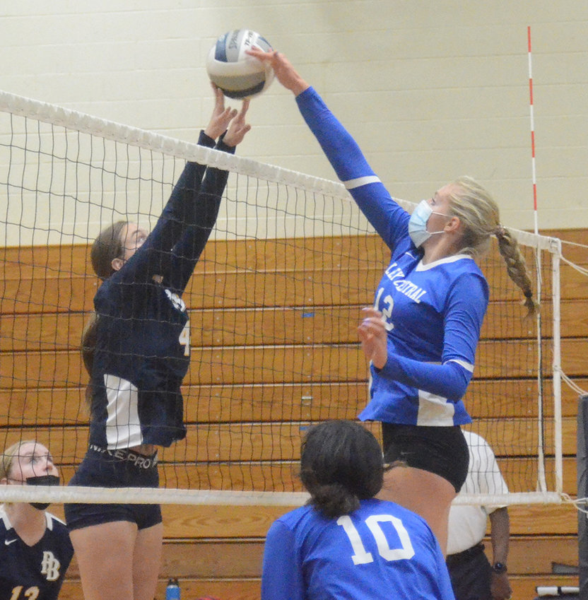 Pine Bush&rsquo;s Monica Ilioiu and Valley Central&rsquo;s Riley Schoonmaker compete at the net as Autumn Singelton looks on during Thursday&rsquo;s OCIAA Division II volleyball game at Pine Bush High School.