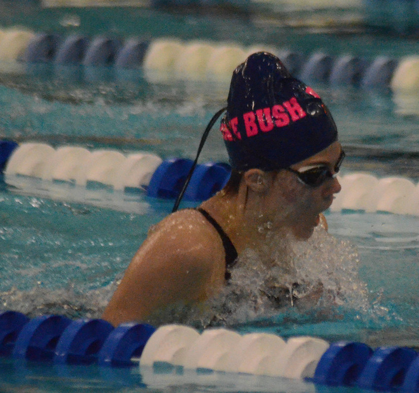 Pine Bush&rsquo;s Madaghan O&rsquo;Shea swims the breaststroke of the 200-yard individual medley during Saturday&rsquo;s Section 9 girls&rsquo; swimming championships.