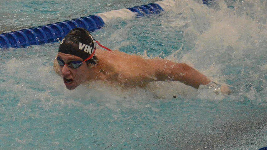 Valley Central&rsquo;s Kellen Dickman swims the breaststroke leg of the 200-yard individual medley during Thursday&rsquo;s OCIAA boys&rsquo; swimming meet at Valley Central High School in Montgomery.