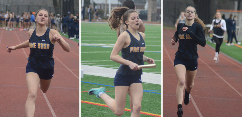Left: Pine Bush&rsquo;s Zoe Rodi wins the 100-meter dash during Thursday&rsquo;s OCIAA track and field meet at Newburgh Free Academy. Middle: PB Mackenzie Gula runs the final leg of the 3,200-meter relay. Right: Pine Bush&rsquo;s Madeleine Cerone finished second in the 400-meter dash.