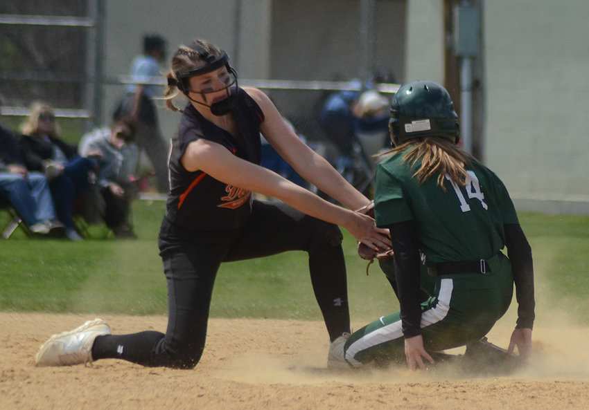 Marlboro shortstop Kasey Conn tags Minisink Valley&rsquo;s Emily Ketcham during Saturday&rsquo;s tournament softball game at Minisink Valley Middle School in Slate Hill.