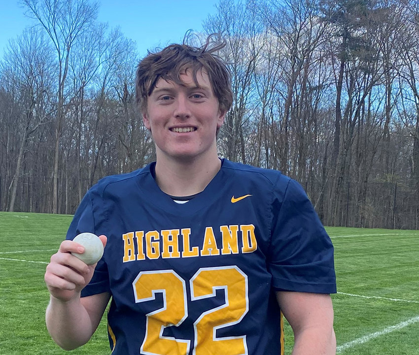 Highland&rsquo;s Dean Klotz holds the ball he scored his 100th career goal with during Wednesday&rsquo;s non-league game at Pine Bush Elementary School.