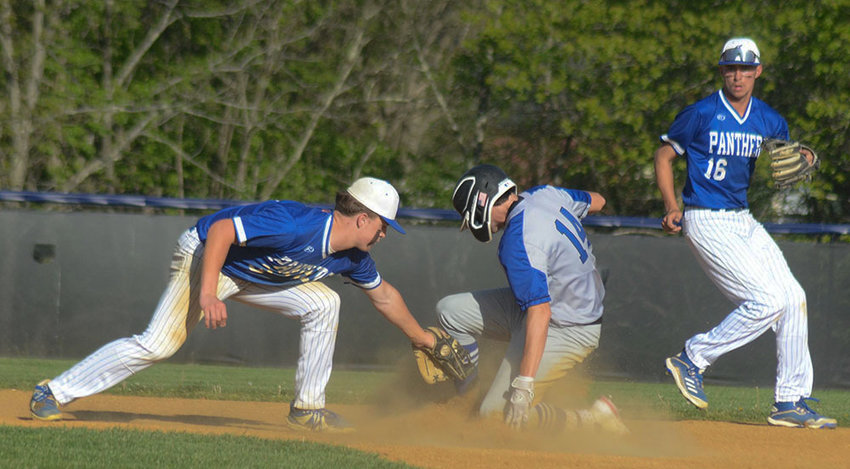 Valley Central&rsquo;s Jon Scotto slides safely into second base as Wallkill&rsquo;s Kyle DeGroat is late with the tag as shortstop Jacob Quiles backs up the play during Thursday&rsquo;s non-league baseball game at Wallkill Senior High School.