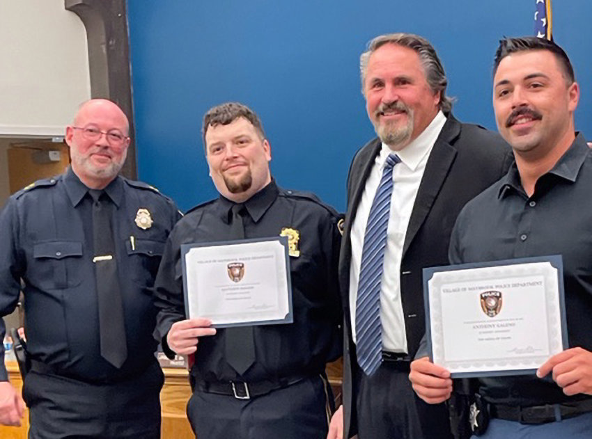 Officer Matthew Hughes (second from left) and Officer Anthony Galeno (second from right) receive the Medal of Valor for responding to an officer-needs-assistance from a State Trooper. &nbsp;They sprung into action, resulting in a handgun being removed from a subject and the subject being taken into custody.