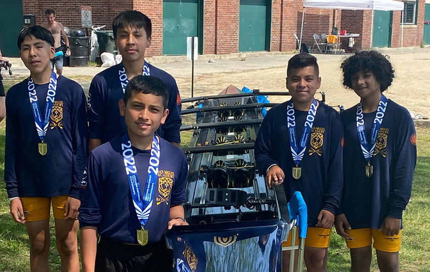 1st Place Quad Team: coxswain Gustavo Lauriano (7th grade), Daniel Conde (7th grade), Ismael Chihuahua (7th grade), Ayden Garcia (7th grade), and Captain Joseph Cordova (8th grade).
