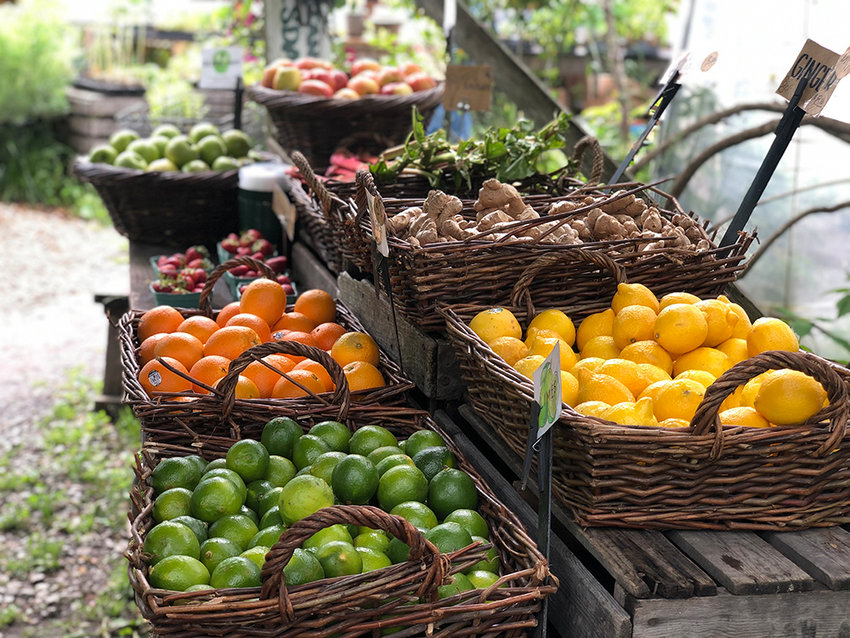 A collection of fruits and vegetables for sale at the farm stand at Blooming Hill Farm.