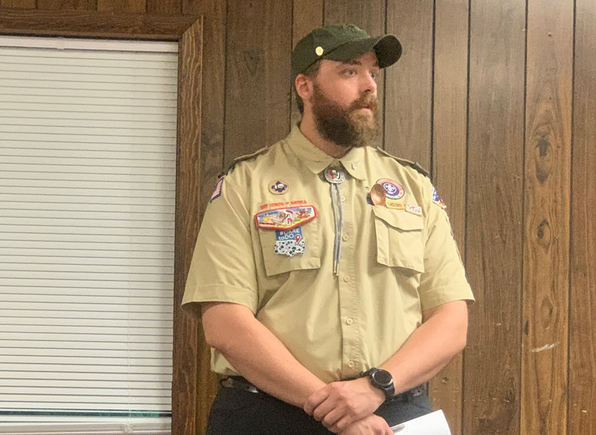 Boy Scout Troop 195 Scoutmaster Brandon Kurta asks the Plattekill Town Board for permission to park cars and collect donations at the July 4th celebration at Thomas Felten Park.
