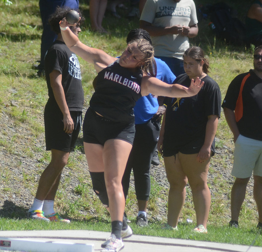 Marlboro&rsquo;s Juliana Juras throws the shot put during Friday&rsquo;s NYSPHSAA track and field qualifier at Goshen High School.