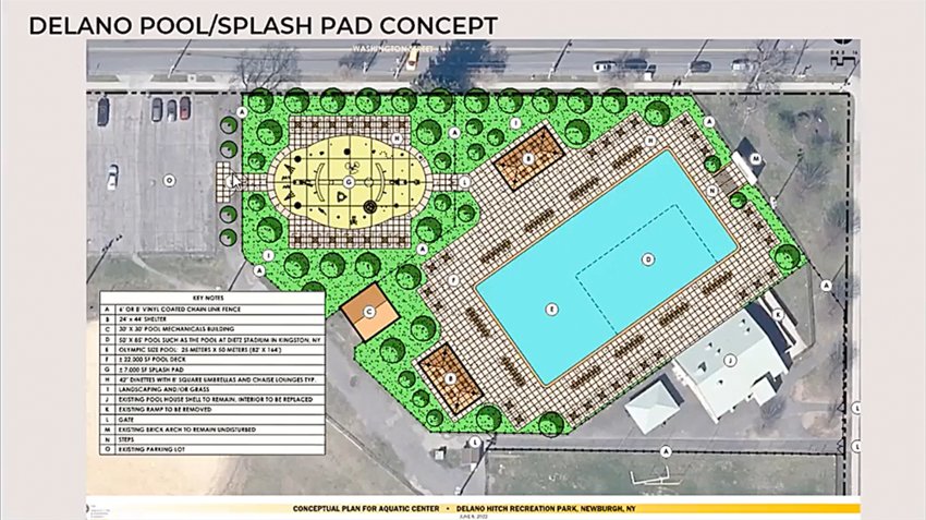 The proposed pool/splash pad concept for Delano-Hitch.  The splash pads are the yellow portion in the upper left.