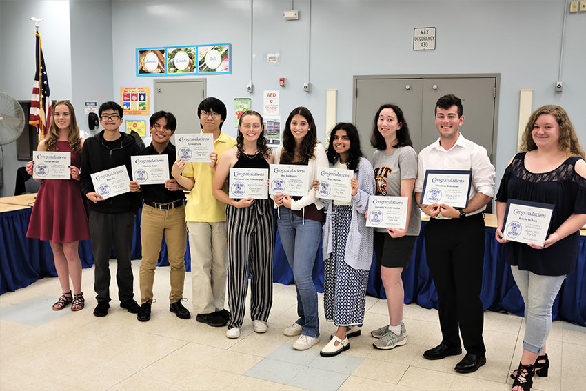 The School board honored Highland High School&rsquo;s Top 10 students in the Class of 2022: [L-R] Evelyn Wright going to SUNY New Paltz; Ryan Ta to Binghamton University; Marcelo Cuya to Stevens Institute of Technology; Tyreese Ling to Colby College; Margaret Van Valkenburgh to Hartwick College; Ava DeMassio to the International Medical Aid Internship program in Mombasa, Kenya in the fall and in the HQ Internship program in Athens, Greece in the spring; Riya Shenoy to University of Southern California; Dorthy Suzucki-Burke to Rochester Institute of Technology; Salutatorian Dimitrios Bakatsias to SUNY Stony Brook and Valedictorian Katelin McPeck to Rensselaer Polytechnic Institute.