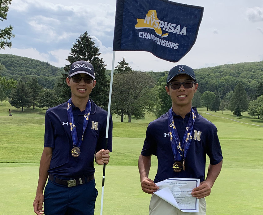 Newburgh&rsquo;s Mark Yan, left, and Josh are shown at the NYSPHSAA boys&rsquo; golf tournament at the Mark Twain Golf Course in Elmira. Josh finished third and Mark finished tied for ninth.