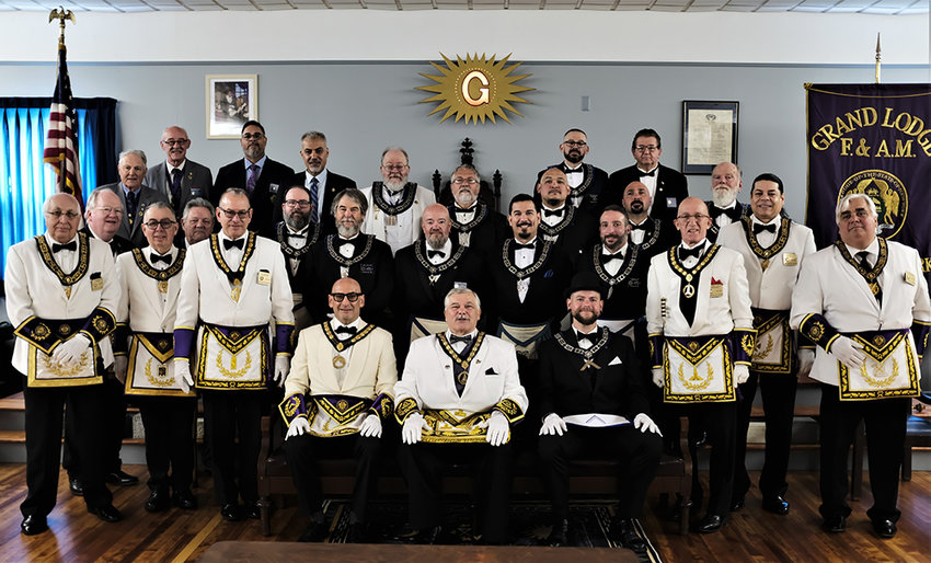 Members of the Adonai Lodge gathered together to rededicate their Lodge: Pictured L-R seated Steve Rubin, Richard Kessler, Bryon Chapman; first row: John Haslam, Gustavo Tehran, Peter Stein, Paul Philips, Chris Brand, Mike Gonzales, Pasquale Leo, Robert Hogan, Alberto Cortizo and Peter Unfried. second row: Thomas McManus, George Skraastad, Brian Barry, Eric Morabito, Mike Nelson, Paul Justino, Fred Ganzer. top row: Arthur Pritchard, Mike Davis, Irving Rivera, Sal Sahawneh, Henry Williams, John Pasqualicchio and George &lsquo;The Colonel&rsquo; Heaton.