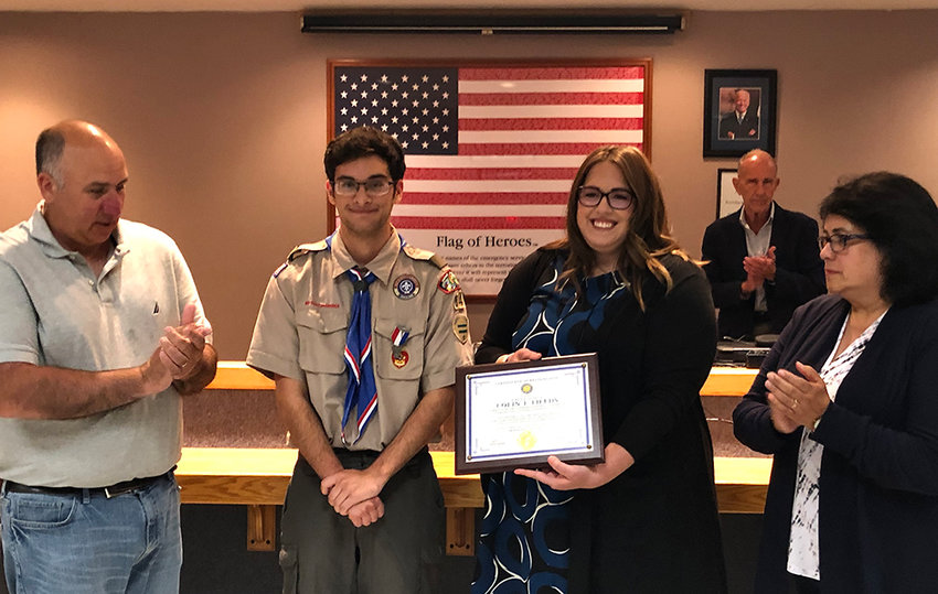 [L-R] Bryan Talbot, Eagle Scout Colin Fields, Councilwoman Eve Lincoln and Councilwoman Sylvia Santiago.