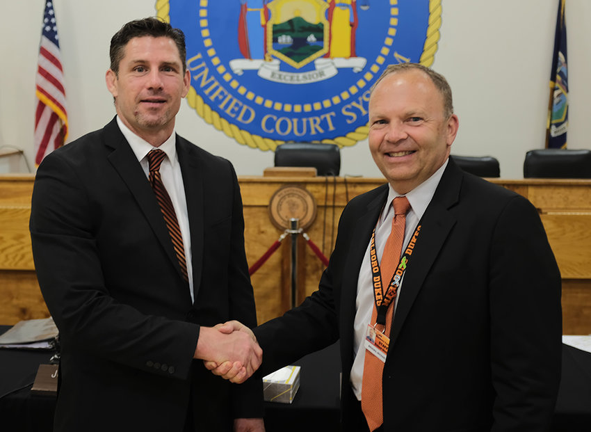 Retiring Marlboro Superintendent Michael Brooks (r) welcomes newly appointed Superintendent Michael Rydell to the district.