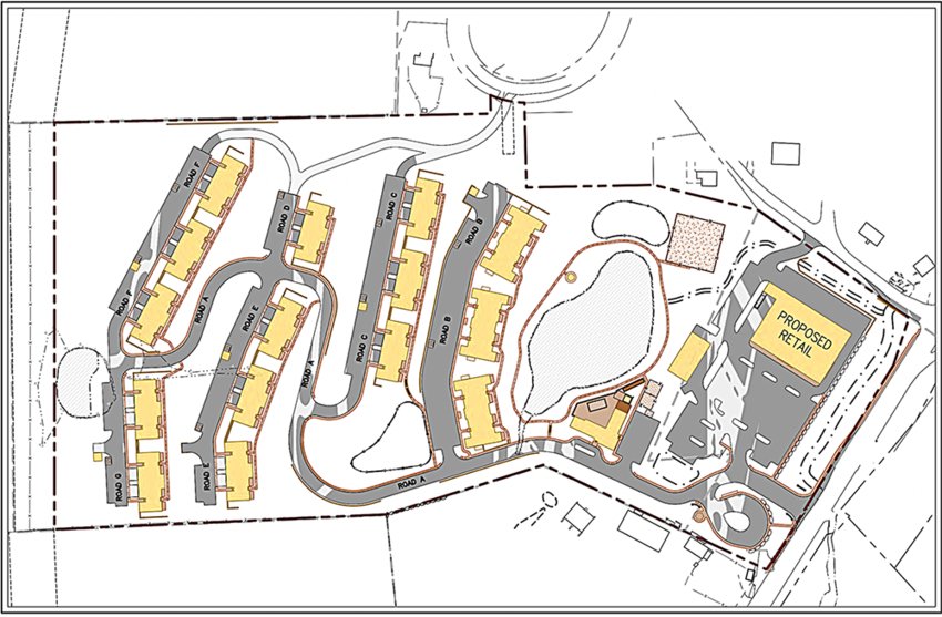 The proposed layout of the apartment buildings with retail space for the newly proposed Overlook Farms site.