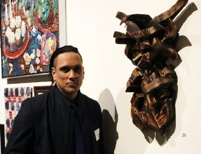 Jose Soto  with sculpture &ldquo;Cultural Transfers&rdquo;.