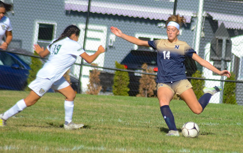 Newburgh&rsquo;s Marina Parodo takes a shot on goal during Friday&rsquo;s non-league girls&rsquo; soccer game at NFA North.