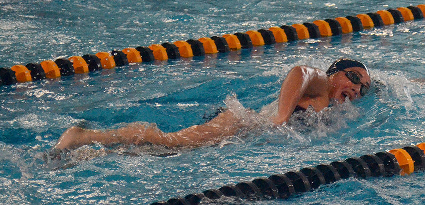 Pine Bush&rsquo;s Ashley Martin swims the 500-yard freestyle during Thursday&rsquo;s girls&rsquo; swimming dual meet at Pine Bush High School.
