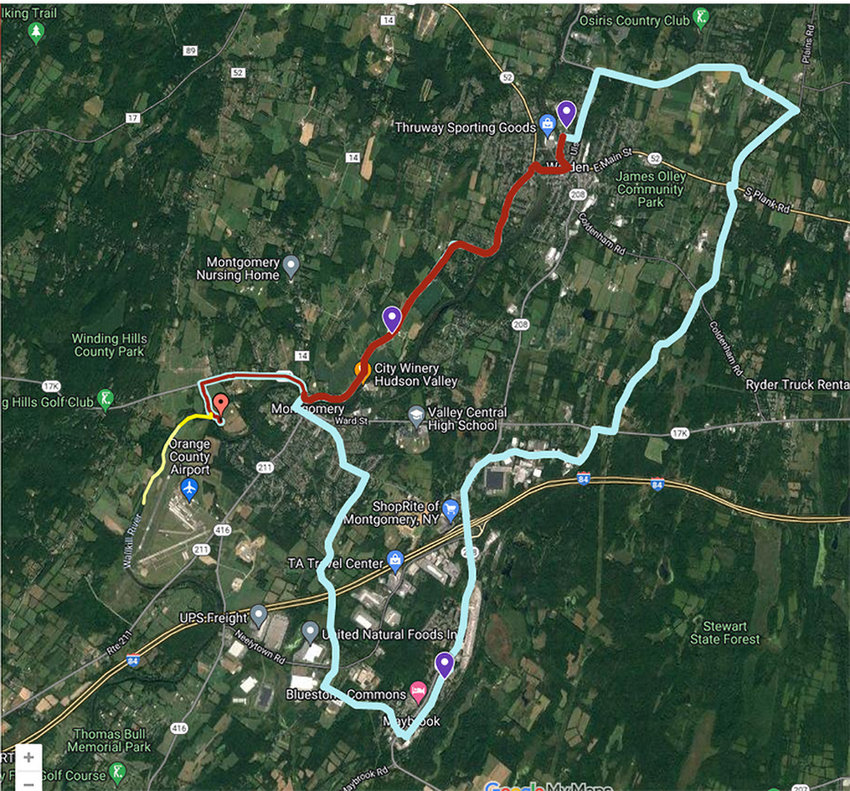 The course: runners leave from Benedict Park (red), head north to Walden&rsquo;s Bradley Park where they will mount bikes (blue), they will return to Benedict Park and take to kayaks (yellow course) in the Wallkill River.