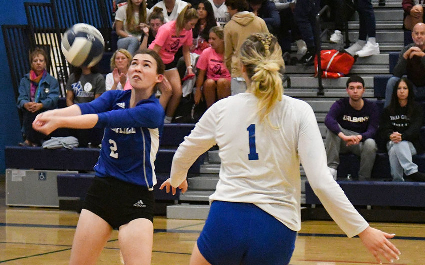 Wallkill&rsquo;s Hannah Stewart hits the ball during Thursday&rsquo;s MHAL volleyball match at Wallkill Senior High School.