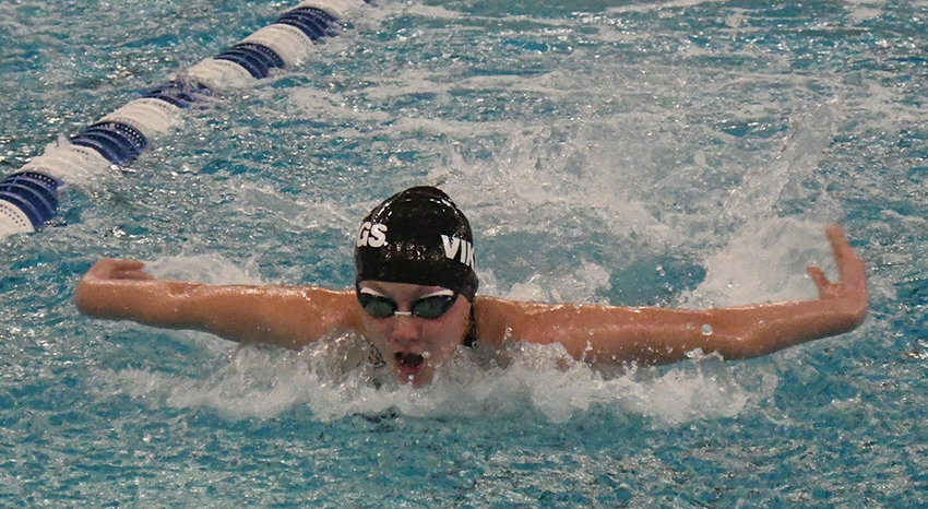Valley Central&rsquo;s Emily White swims the butterfly leg of the 200-yard individual medley during Wednesday&rsquo;s OCIAA girls&rsquo; swimming meet at Valley Central High School.