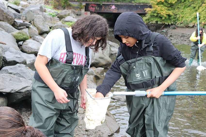 Highland Middle School Grade 8 students Alexandria Cardarelli-Peiffer (left) and Nikhil Carr examine their net during a recent field trip to Bob Shepard Highland Landing Park.