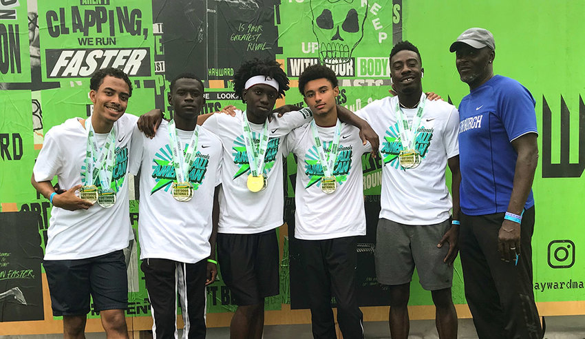Matt Worrell, Jean Origine, James Onwuka, Esteban Lopez and John Fermpong are shown with coach Malcolm Burks on July 1, 2021, at the Outdoor High School Nationals in Eugene, Ore.