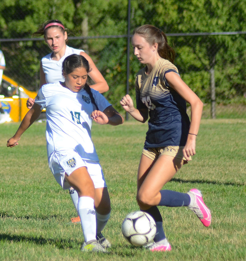 Newburgh&rsquo;s Riley Frederick plays the ball during a non-league girls&rsquo; soccer game on September 2 at NFA North.