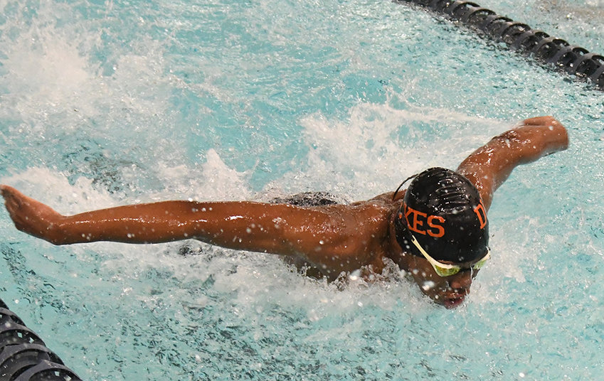 Marlboro&rsquo;s Jordan Johnson swims the 100-yard butterfly during Wednesday&rsquo;s boys&rsquo; swimming and diving meet at Newburgh Free Academy&rsquo;s Main Campus.