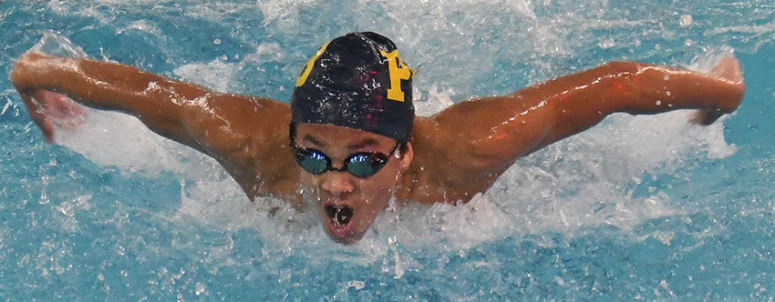 Pine Bush&rsquo;s Bryce Sloley swims the 100-yard butterfly&nbsp; during an OCIAA boys&rsquo; swimming and diving meet on Wednesday at Pine Bush High School.